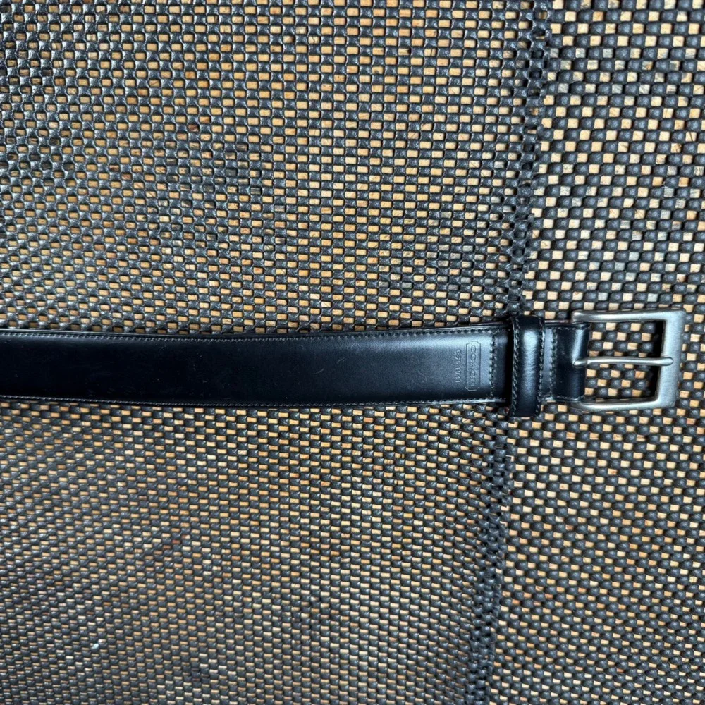 Coach Calfskin Leather Belt Men 34 Black Solid Brass Buckle Stitched Classic